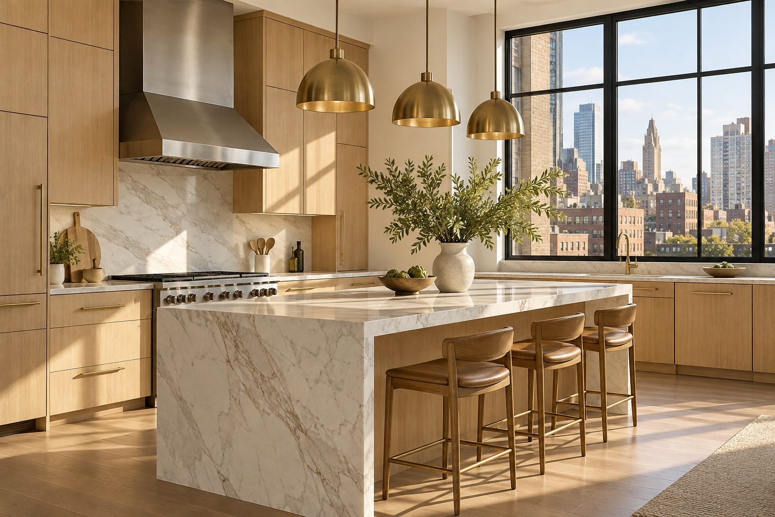 A bright, modern kitchen with light wood cabinets, a marble island and a view of the city